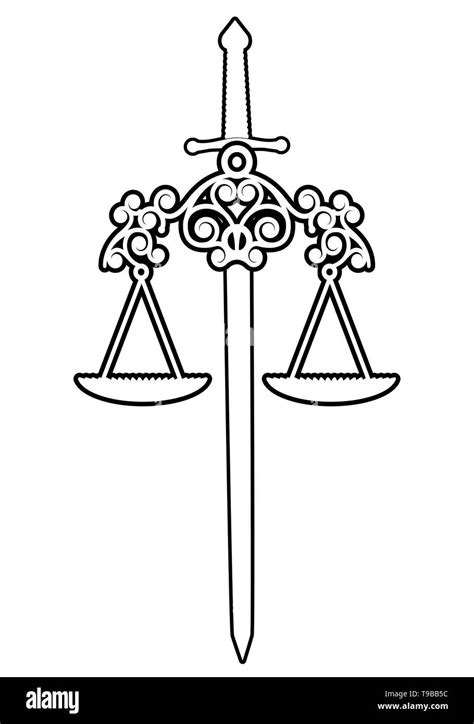 Symbols of Justice. Scale and sword isolated on white background Stock ...