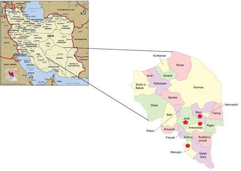 Geographic map of Kerman province in southeast of Iran. Red star ...