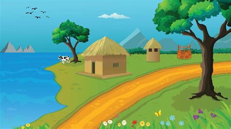 Village cartoon background illustration with sun, cottage, lake, trees ...