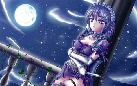 Moonlight anime girl, holding a knife, blue purple hair Wallpaper