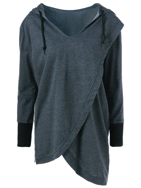 [24% OFF] 2021 Drawstring Asymmetrical Hoodie In BLACK GREY | DressLily