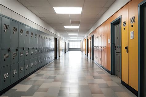 Row of lockers in a school corridor. 3d render. An empty high school ...