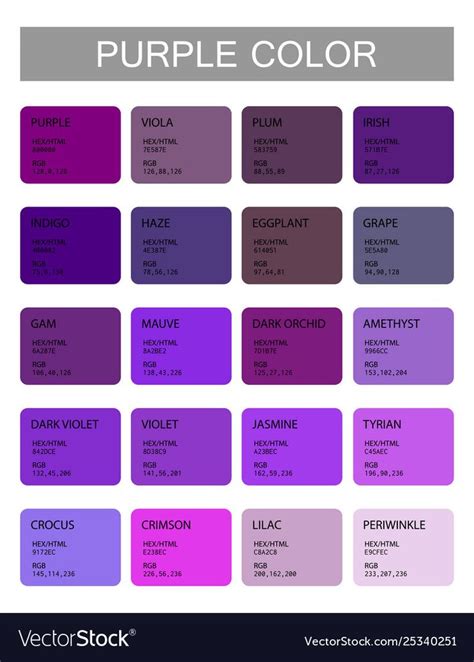 Purple. Color codes and names. Selection of colors for design, interior ...