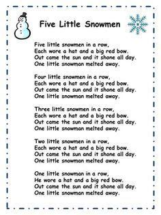 Five Little Snowmen Song Lyrics Sheet | Preschool songs, Winter ...