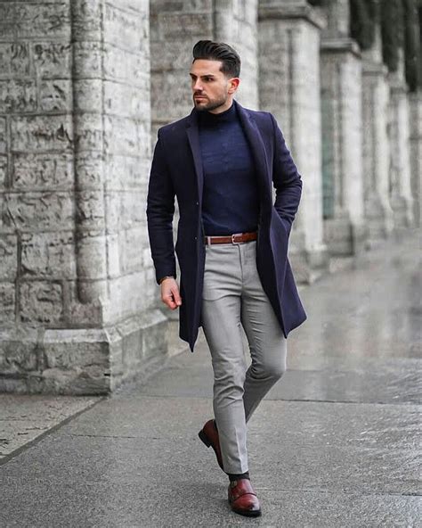 Men Casual Outfit Navy Blue Coat Plus Navy Sweater And Grey Trouser ...