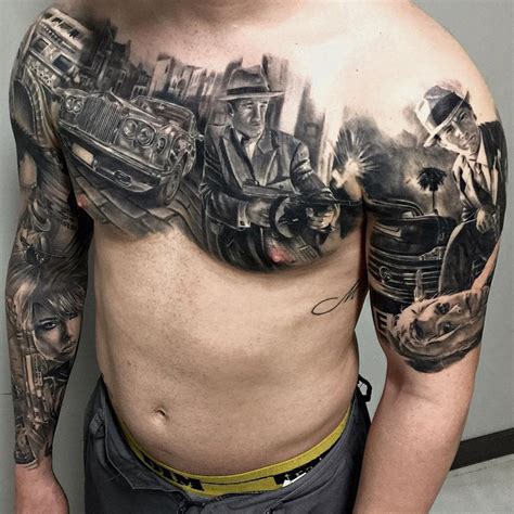 Gangster City Scene On Guys Chest | Best tattoo design ideas