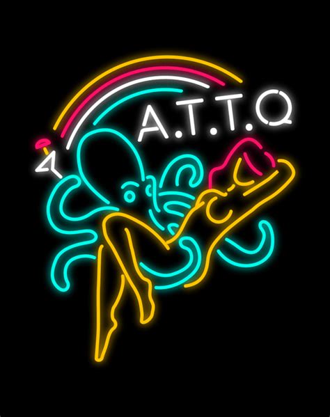 a neon sign that says ato with an octopus holding a guitar in it's hand