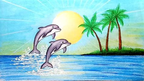 How To Draw Scenery Of Dolphin In Beach Step By Step Easy Draw | Beach ...