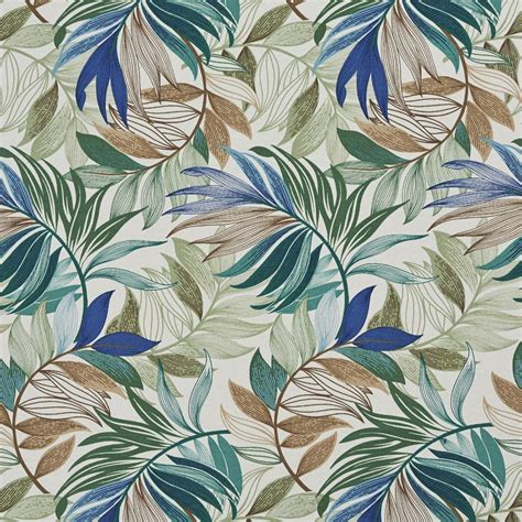 Teal, Beige And Green Vibrant Leaves Outdoor Print Upholstery Fabric By ...