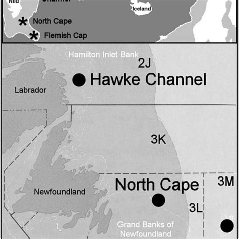 —Map of the North Atlantic and sources of codfish samples. The northern ...