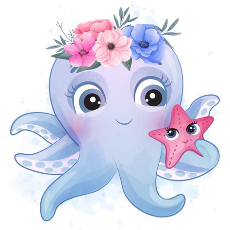 Cute octopus clipart with watercolor illustration