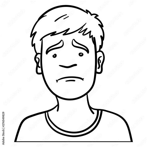 Vector comic drawing of a boy's head that is sad. black, white, outline ...