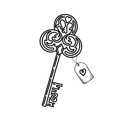 Vintage key, hand-drawn doodle in sketch style. Heart key. Decorative ...