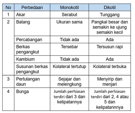 Buatlah tabel perbedaan tumbuhan monokotil dan dik...