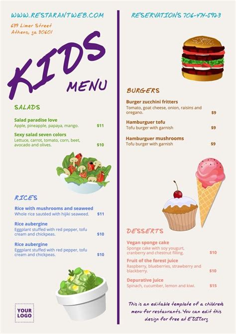 Kids menu templates for cafes and restaurants