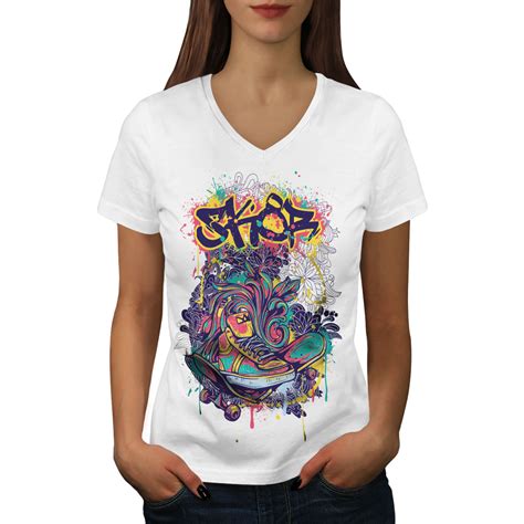 Wellcoda Fashion Graffiti Street Womens V-Neck T-shirt, Urban Graphic ...