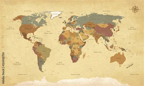 Textured vintage world map - English/US Labels - Vector CMYK Stock ...