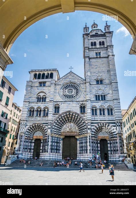 Gothic main facade of Genoa Cathedral from Piazza San Lorenzo, Genoa ...