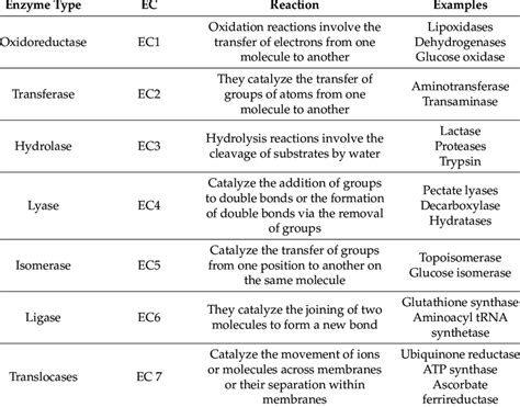 Summary of enzyme classification according to the nature of the ...