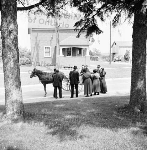 A group of Old Order Mennonites standing beside a horse and buggy ...