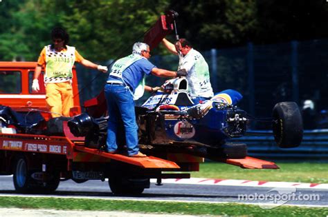 The fatal crash of Ayrton Senna at Tamburello: the wrecked car of ...