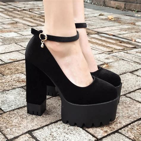 Black Velvet Punk Rock Thick Chunky Sole High Heels Mary ...