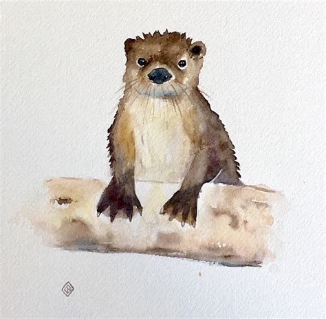 Wet river otter, watercolor, 8x8 inches : Art