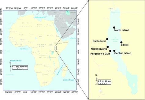 Map of Africa with an inset of Lake Turkana showing the study's six ...