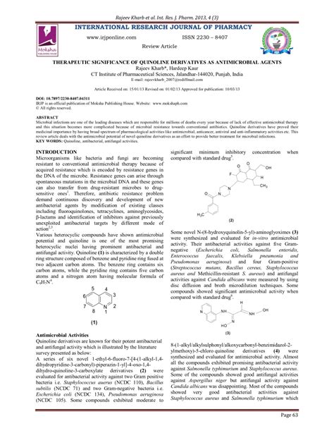 (PDF) THERAPEUTIC SIGNIFICANCE OF QUINOLINE DERIVATIVES AS ...