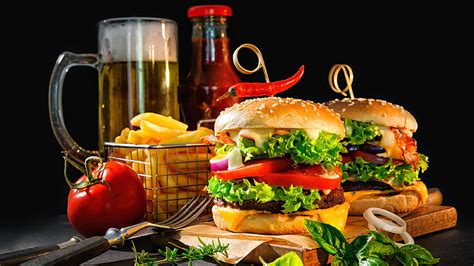 HD wallpaper: fast food, junk food, hamburger, sandwich, beer, finger ...