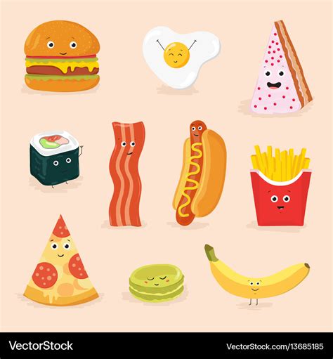 Funny food cartoon characters isolated Royalty Free Vector