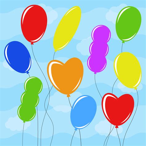 Set of flat colored isolated balloons of different shapes on a blue ...