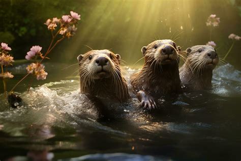 Group of playful otters swimming in the river AI Generative 31585756 ...