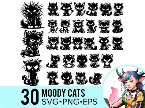 Cartoon Cat SVG PNG EPS Clipart, Moody Angry Frazzled Silhouette Cats ...