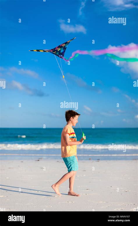 Little boy flying a kite on beach Stock Photo - Alamy