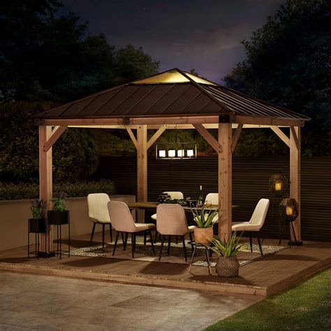 SUNJOY 10 FT. X 10 FT. CEDAR FRAMED GAZEBO WITH BROWN STEEL 2-TIER HIP ...