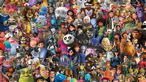 many different cartoon characters are grouped together