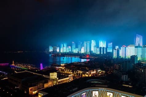 June 2018 - Qingdao, China - the New Lightshow of Qingdao Skyline ...