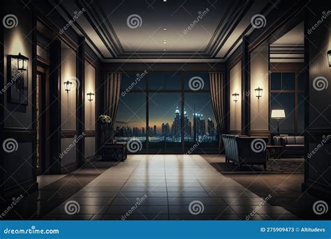 Empty Luxury Hotel Reception with Beautiful View of the City at Night ...