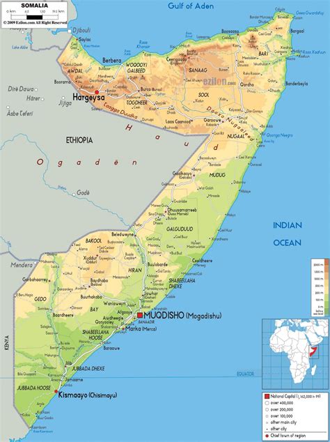 Large physical map of Somalia with roads, cities and airports | Somalia ...