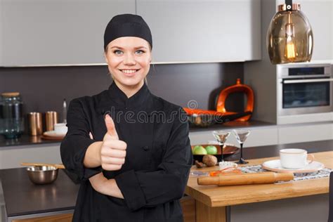 Happy Female Chef in Black Uniform Stock Image - Image of experienced ...