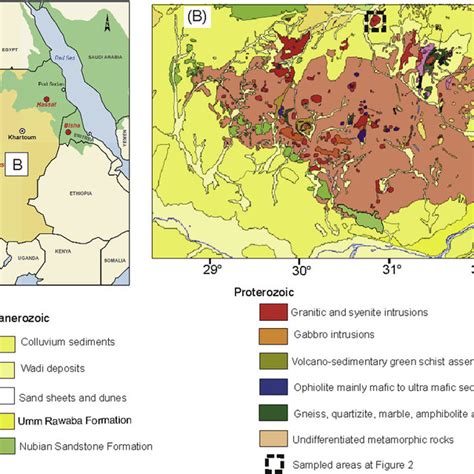 Location (A) and geological (B) maps of the Nuba Mountains, central ...