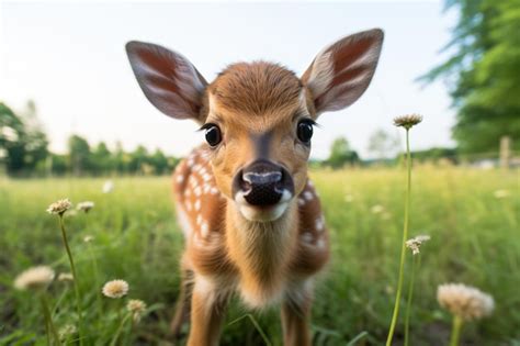 Premium AI Image | a baby deer standing in a field of grass