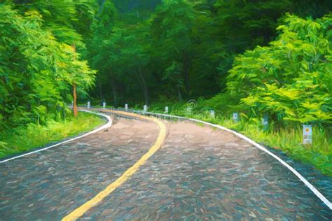 Road with Turn on Green Background. Summer Travel Landscape Blurred ...