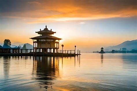 Premium Photo | A pagoda on a lake with a sunset in the background