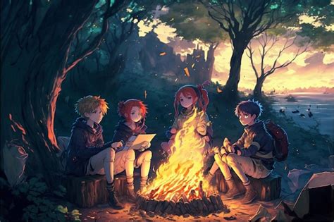 Premium AI Image | Anime characters sitting around a campfire in the ...