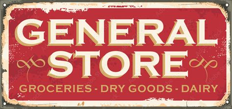 Antique sign design concept for general store. Vintage shop sign on red ...