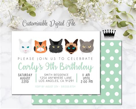 Modern Cat Birthday Party Printable Invitation, Kids Kittens Editable ...