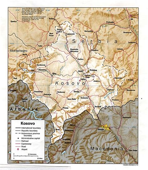 Detailed political map of Kosovo with relief, roads, railroads, cities ...