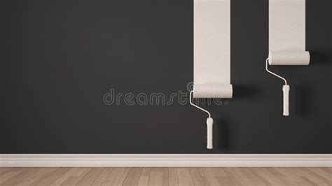 Empty Room with Paint Rollers and Painted Wall, Wooden Floor, White and ...